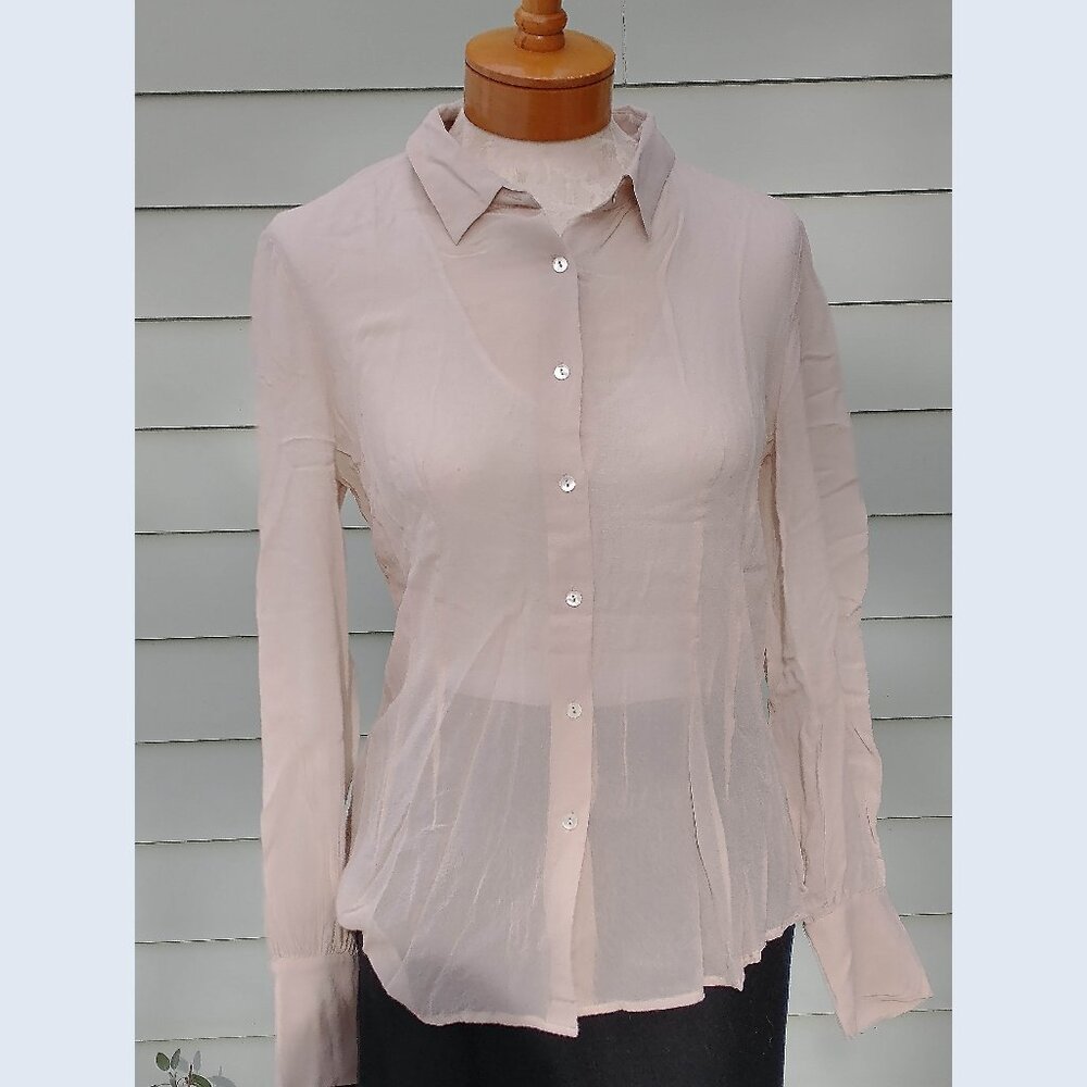 Blouse: Sheer silk, light taupe. Size large - by Theory